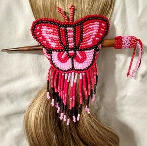 Butterfly Hair Slide/Stick; Red & Pink